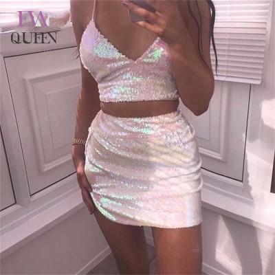 EvaQueen Sequin Party 2 Piece Set Women Bandage Outfits Spaghetti Strap Crop Top And Split Mini Skirt Sexy Two Piece Set 2018